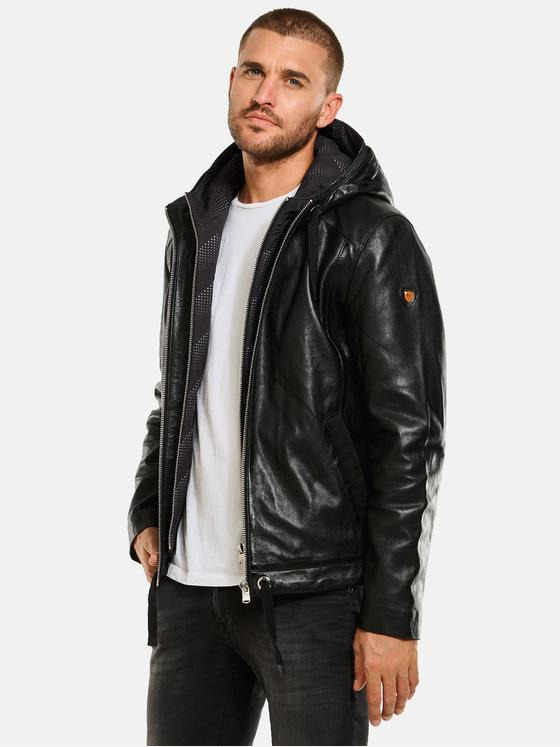 emilio adani Herren Lederjacke mit Inlet Schwarz 34072