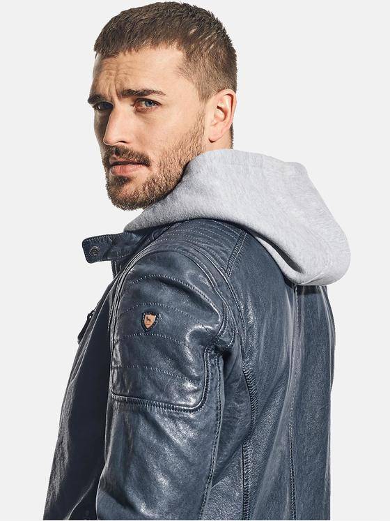 emilio adani Herren Sportive Lederjacke mit Sweatkapuze Blau 31061