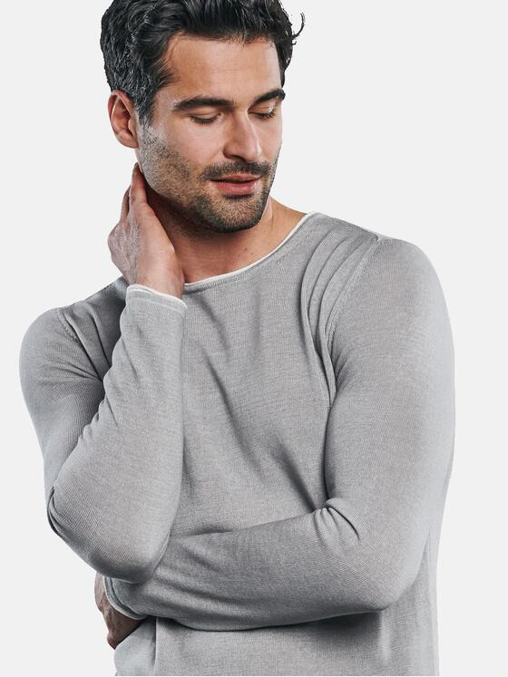 ENGBERS GERMANY Herren Leichter Rundhalspullover mit Rollkantendesign. Silbergrau 31519