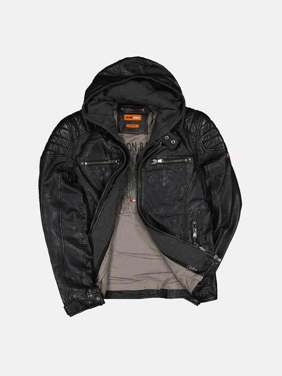 emilio adani Herren Lederjacke mit abnehmbarer Kapuze Schwarz 32415