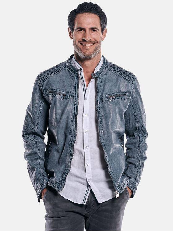 engbers Herren Rustikale Lederjacke in Trendfarbe Mittelblau 30641