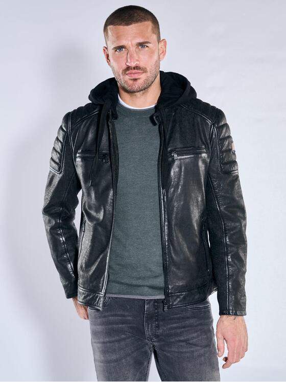 emilio adani Herren Lederjacke mit Kapuze Schwarz 39884