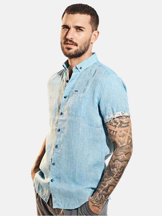 emilio adani Herren Kurzarm-Hemd aus Leinenstoff Türkis 31674