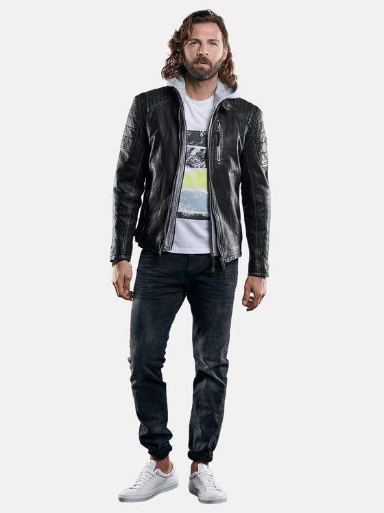 emilio adani Herren Lederjacke mit integrierter Sweatjacke Schwarz 29138
