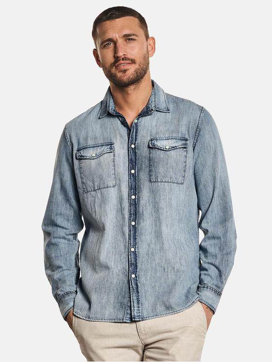 emilio adani Herren Langarm-Hemd aus Jeans-Stoff Blau 32619