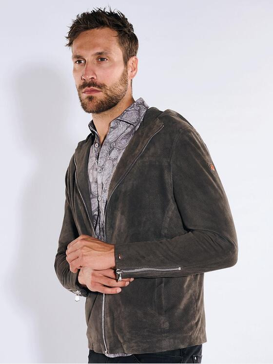 emilio adani Herren Lederjacke mit Kapuze Grau 36208