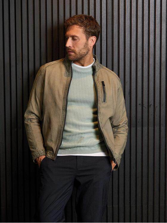 emilio adani Herren Lederjacke mit Stehkragen Beige 37998