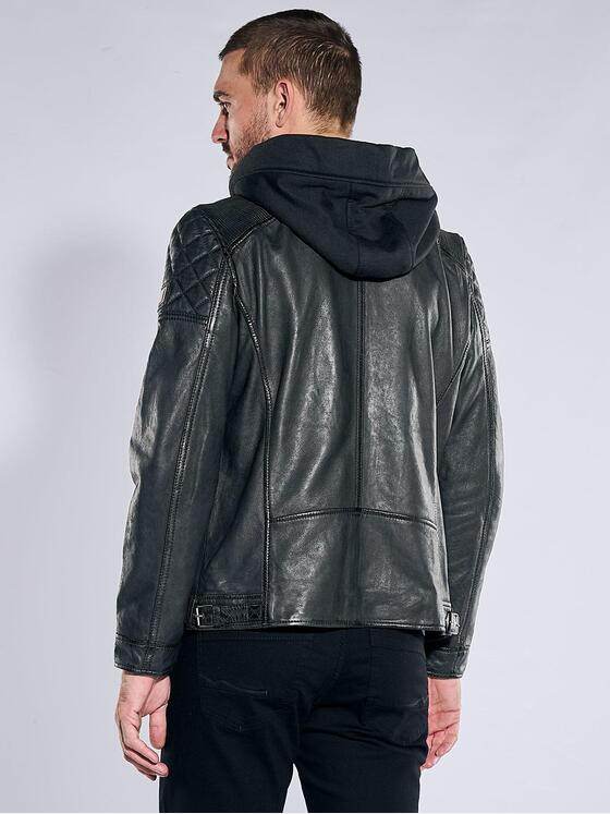 emilio adani Herren Lederjacke mit herausnehmbarer Kapuze Schwarz 40880