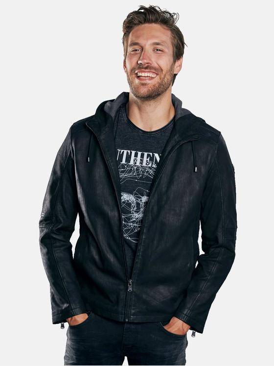 emilio adani Herren leichte Lederjacke mit Kapuze Schwarz 29998