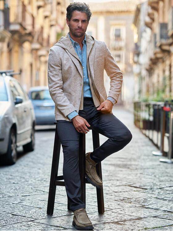 emilio adani Herren Sakko mit abnehmbarer Kapuze Beige 41087