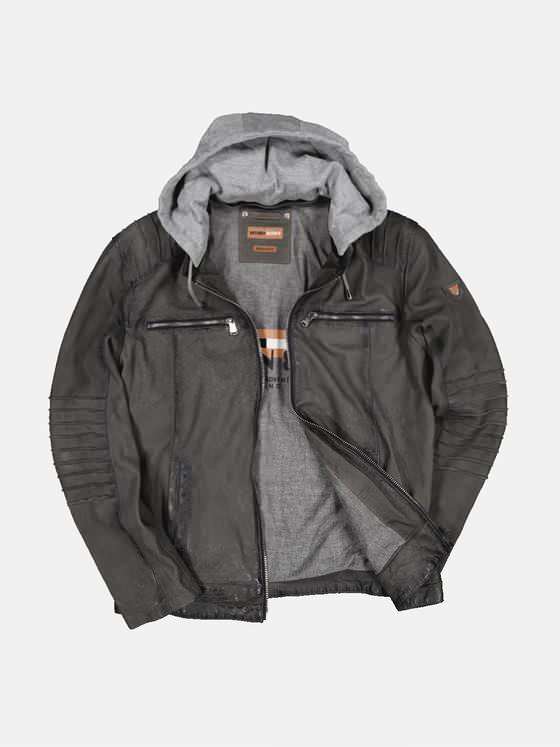 emilio adani Herren Lederjacke mit Sweat-Kapuze Braun 32570