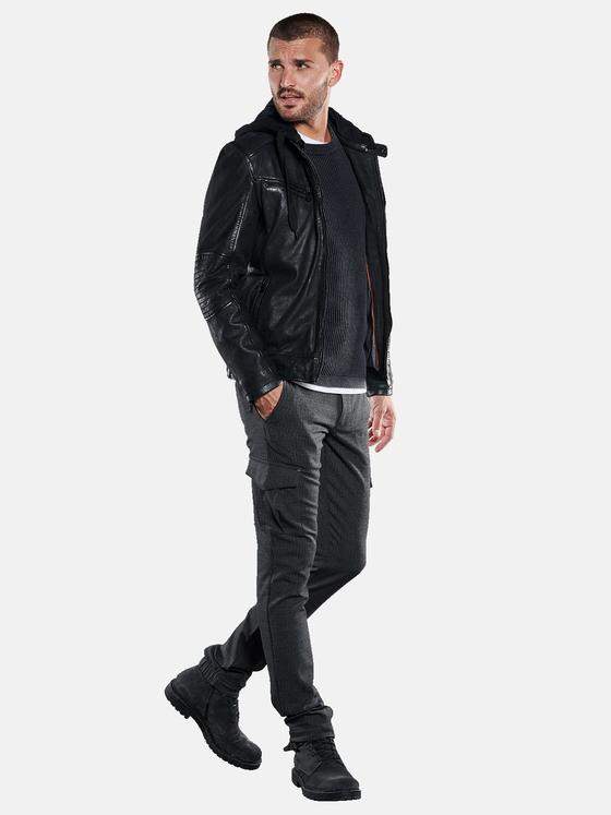 emilio adani Herren Lederjacke mit abnehmbarer Kapuze Schwarz 33304
