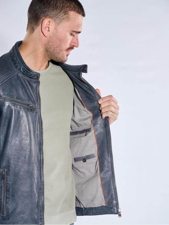 emilio adani Herren Lederjacke in Bikeroptik Mittelblau 40003