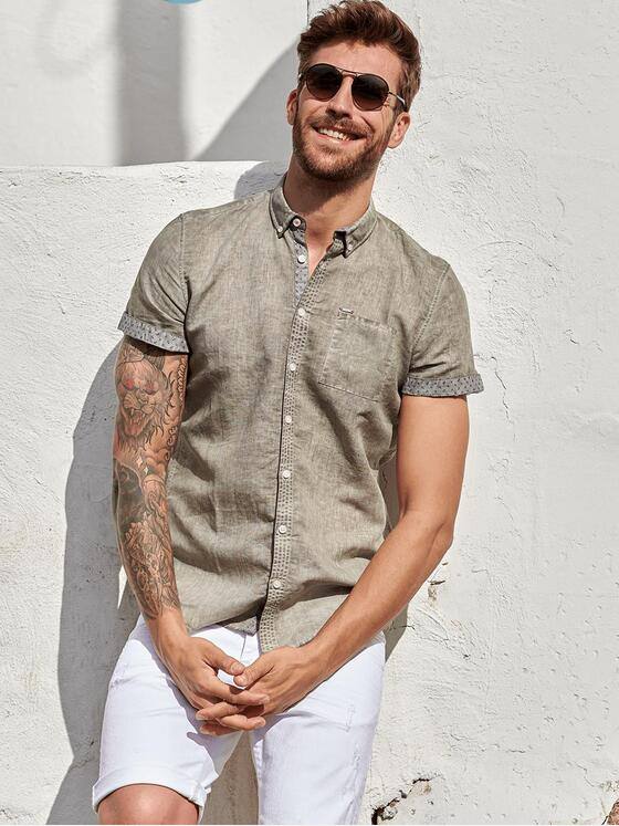 emilio adani Herren Halb-Leinen Hemd mit dezenten Kontrastdetails Beige 29775