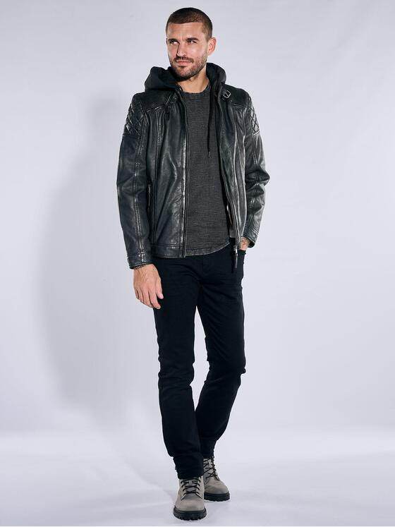 emilio adani Herren Lederjacke mit herausnehmbarer Kapuze Schwarz 40880
