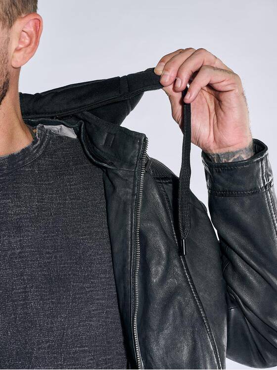 emilio adani Herren Lederjacke mit herausnehmbarer Kapuze Schwarz 40880