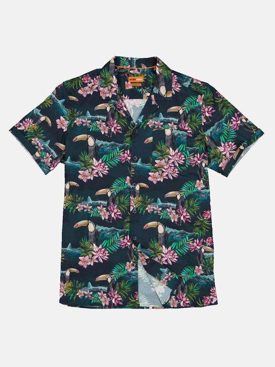 emilio adani Herren Kurzarm-Hemd mit floralem Print Grün 33092