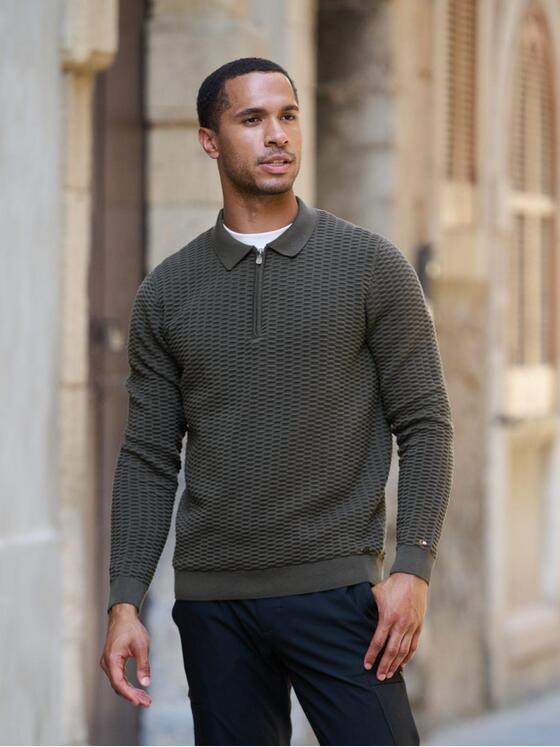 emilio adani Herren Langarm-Shirt mit Polokragen Oliv 39164