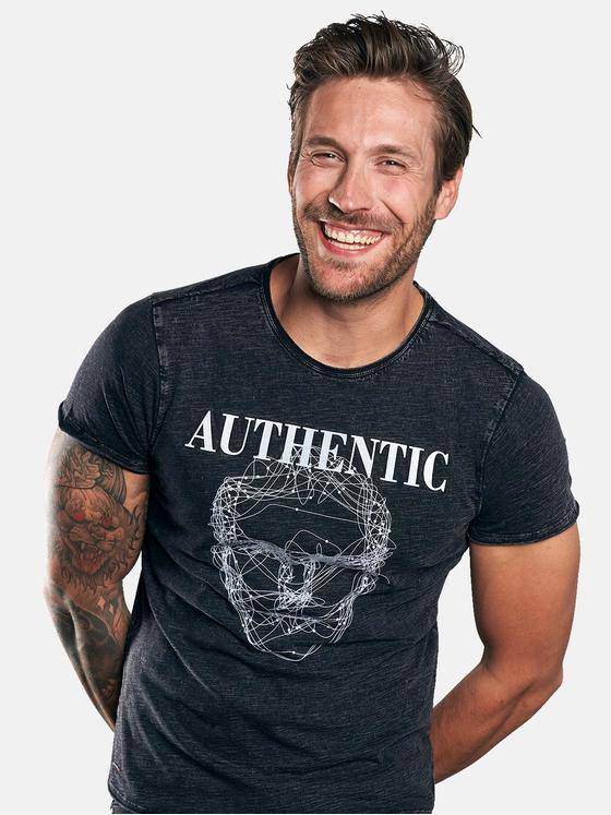 emilio adani Herren Rundhals T-Shirt mit auffälligem Statement-Print Blau 30045