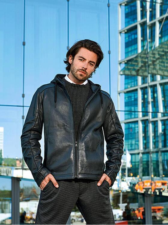emilio adani Herren Lederjacke in gebondeter Warenqualität Grau 31878