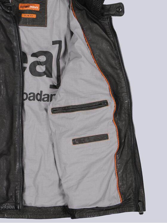emilio adani Herren Lederjacke mit abnehmbarer Kapuze Schwarz 39084