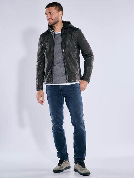 emilio adani Herren Lederjacke mit abnehmbarer Kapuze Schwarz 39084