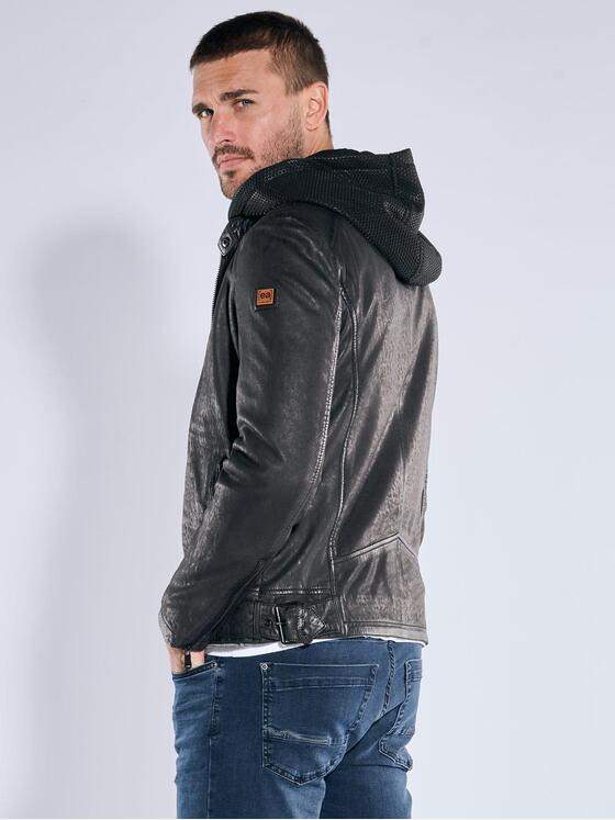emilio adani Herren Lederjacke mit abnehmbarer Kapuze Schwarz 39084