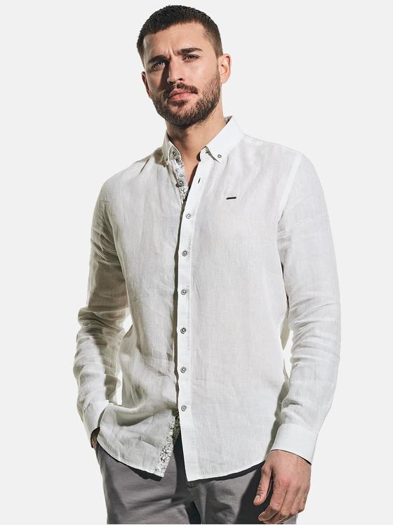 emilio adani Herren Langarm-Hemd Leinen Weiß 32222