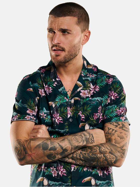 emilio adani Herren Kurzarm-Hemd mit floralem Print Grün 33092
