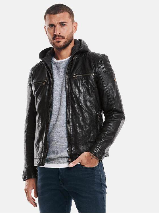 emilio adani Herren Lederjacke mit abnehmbarer Kapuze Schwarz 32415