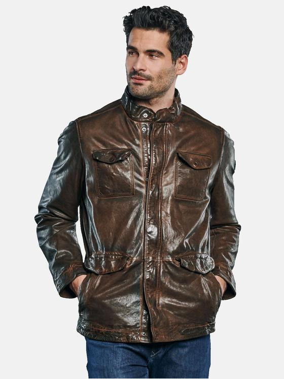 ENGBERS GERMANY Herren Sportive Lammnappa Lederjacke mit Aufgesetzten Pattentaschen Braun 31331
