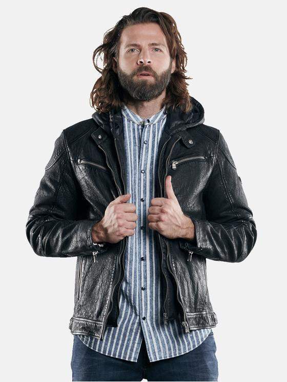 emilio adani Herren Lederjacke mit abnehmbarer Kapuze Schwarz 28791