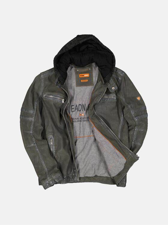 emilio adani Herren Lederjacke mit abnehmbarer Kapuze Grün 33526