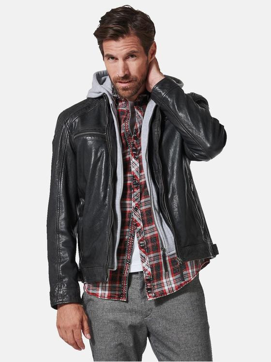 engbers Herren Lederjacke mit Kapuze Schwarz 35188