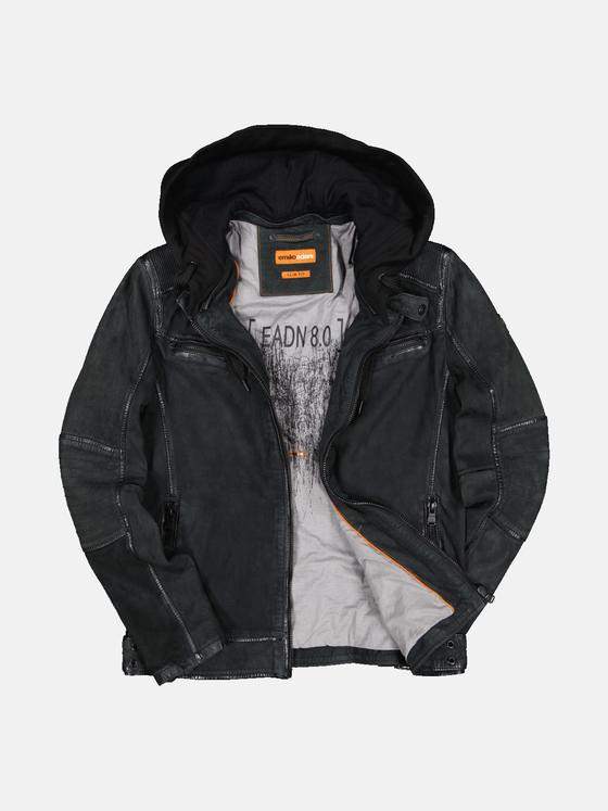 emilio adani Herren Lederjacke mit abnehmbarer Kapuze Blau 33303