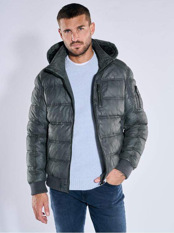 emilio adani Herren Lederjacke mit abnehmbarer Kapuze Mittelblau 39279