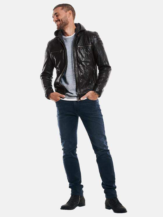 emilio adani Herren Lederjacke mit abnehmbarer Kapuze Schwarz 32415