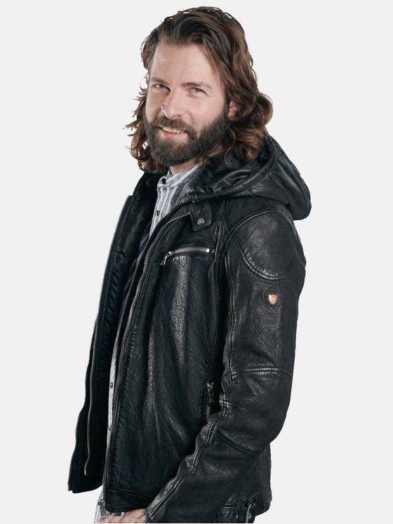 emilio adani Herren Lederjacke mit abnehmbarer Kapuze Schwarz 28791