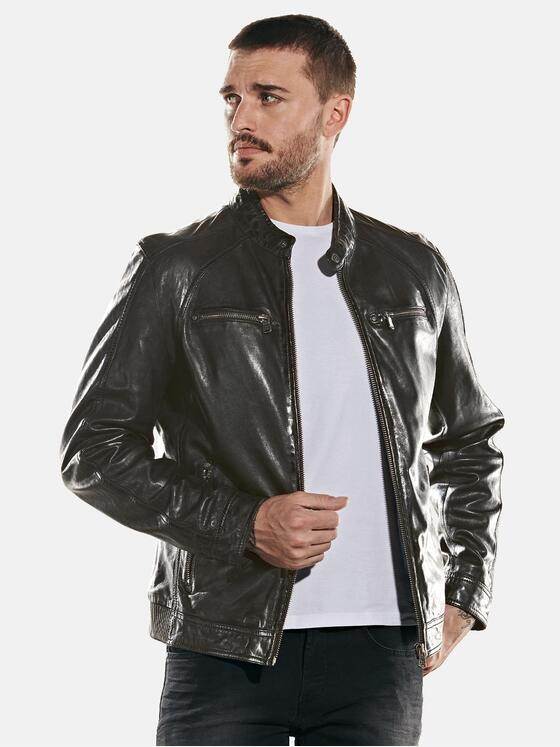 emilio adani Herren Lederjacke sportiv Schwarz 31877