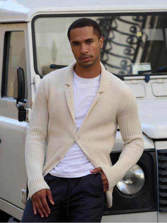 emilio adani Herren Stricksakko mit Rippstruktur Naturweiss 39626