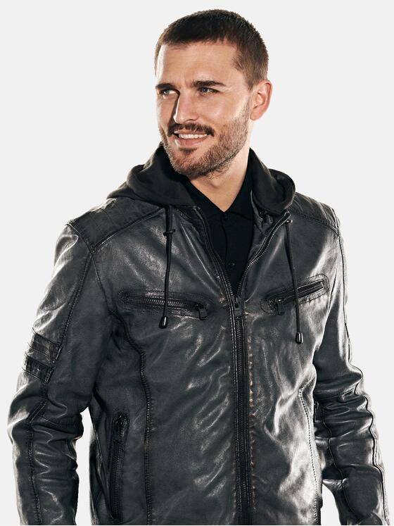 emilio adani Herren Lederjacke mit abnehmbarer Kapuze Grau 31880
