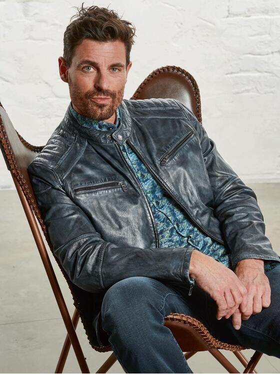 engbers Herren Lederjacke mit Steppelementen Petrolblau 32590