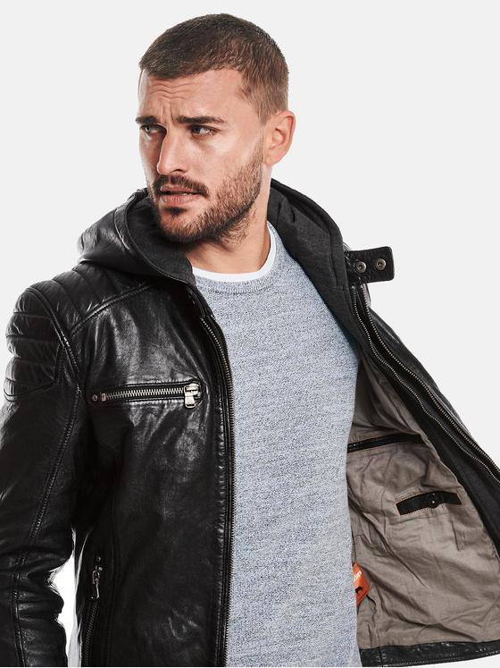 emilio adani Herren Lederjacke mit abnehmbarer Kapuze Schwarz 32415