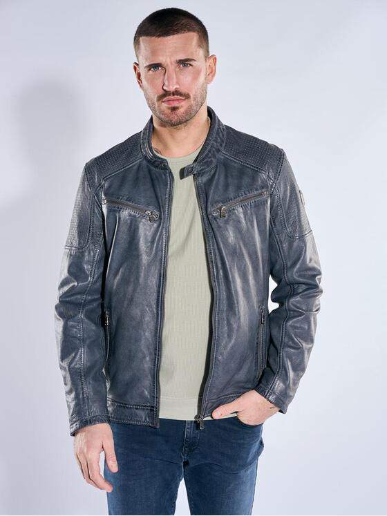 emilio adani Herren Lederjacke in Bikeroptik Mittelblau 40003