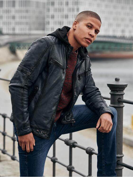 emilio adani Herren Lederjacke mit abnehmbarer Kapuze Grau 31880