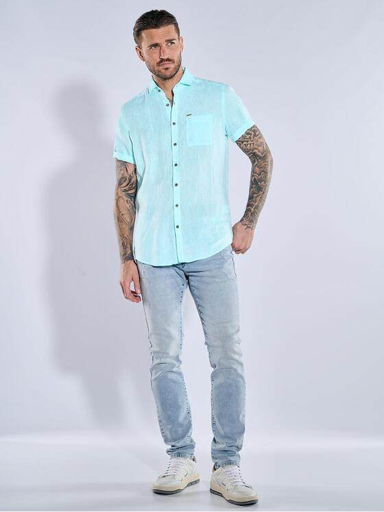 emilio adani Herren Kurzarm-Hemd aus Leinen Türkis 38591
