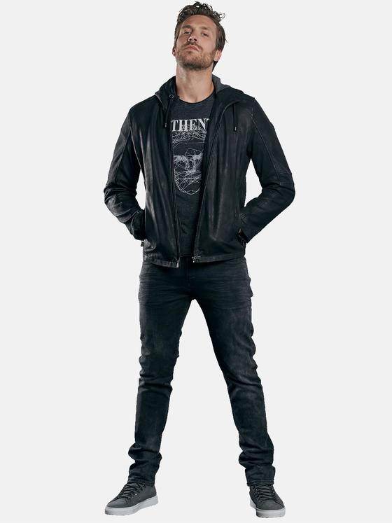 emilio adani Herren leichte Lederjacke mit Kapuze Schwarz 29998