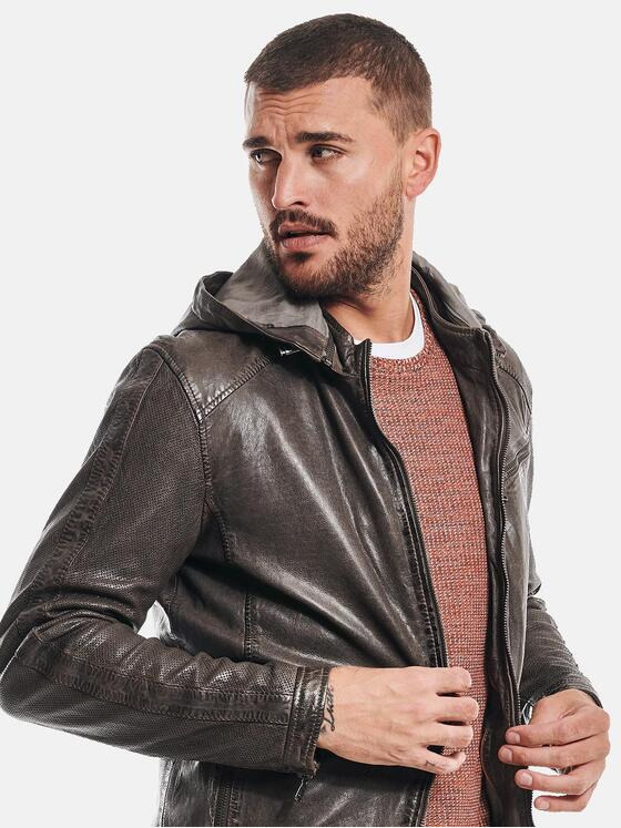 emilio adani Herren Lederjacke Kapuze Braun 32413