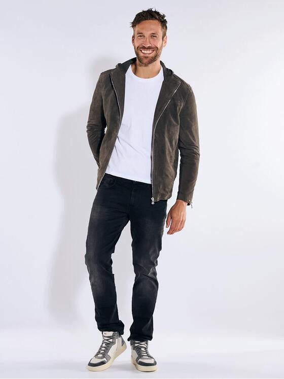 emilio adani Herren Lederjacke mit Kapuze Grau 36208