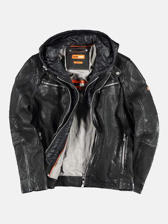 emilio adani Herren Lederjacke mit abnehmbarer Kapuze Schwarz 28791